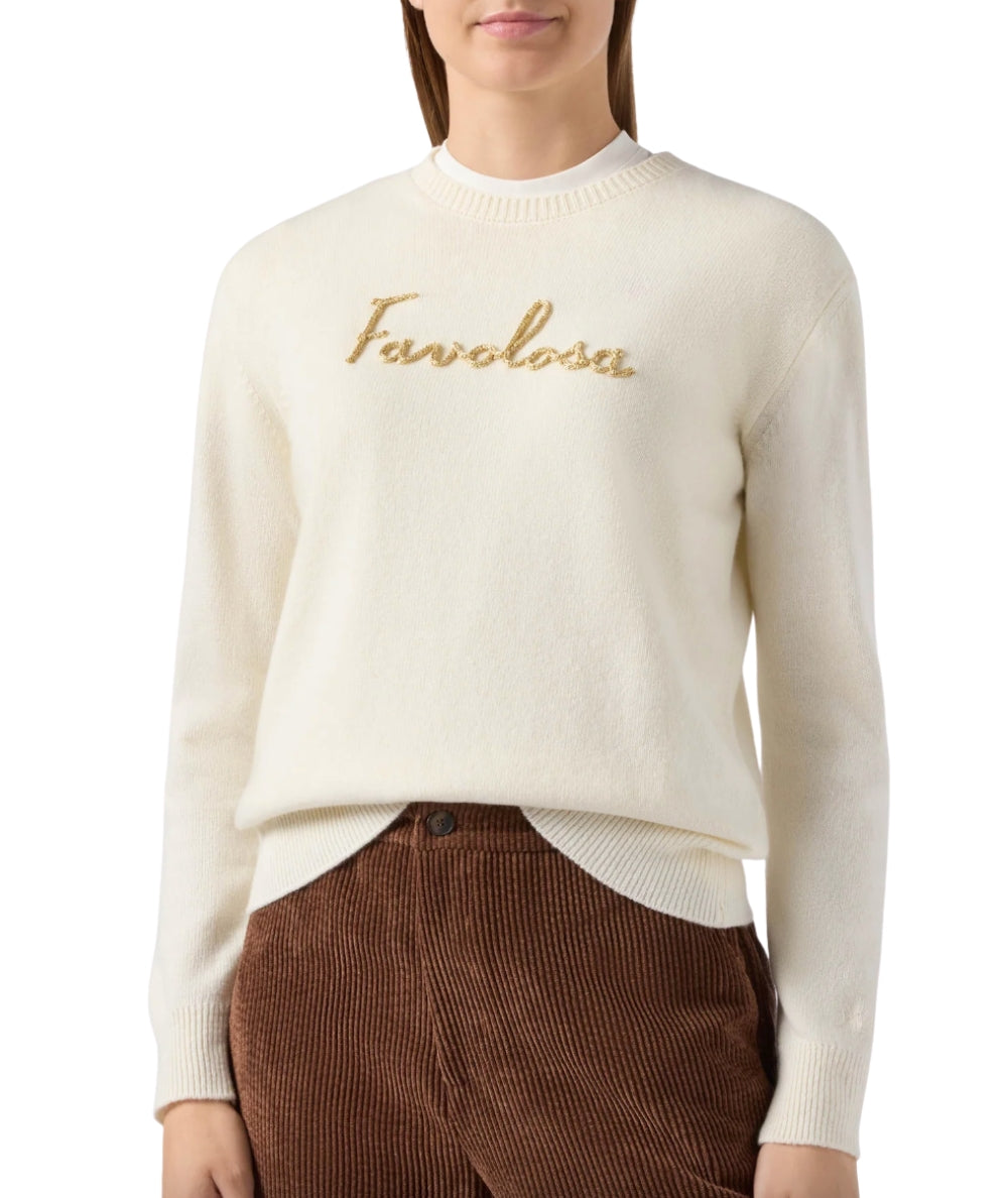 Mc2 Saint Barth Maglione con Scritta Ricamata NEW QUEEN Bianco Avorio