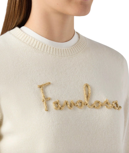 Mc2 Saint Barth Maglione con Scritta Ricamata NEW QUEEN Bianco Avorio