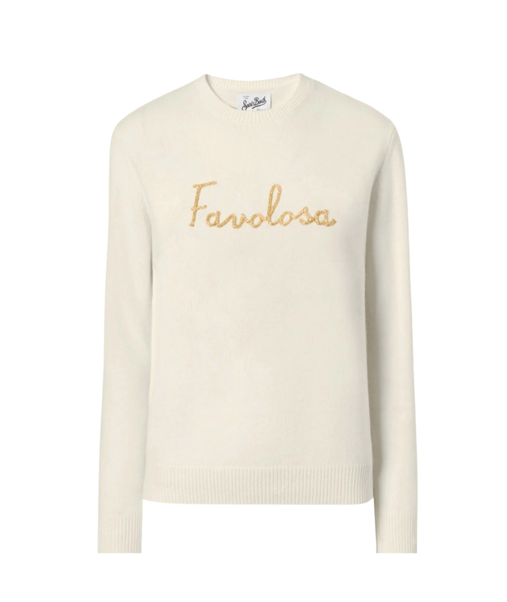 Mc2 Saint Barth Maglione con Scritta Ricamata NEW QUEEN Bianco Avorio