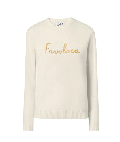 Mc2 Saint Barth Maglione con Scritta Ricamata NEW QUEEN Bianco Avorio