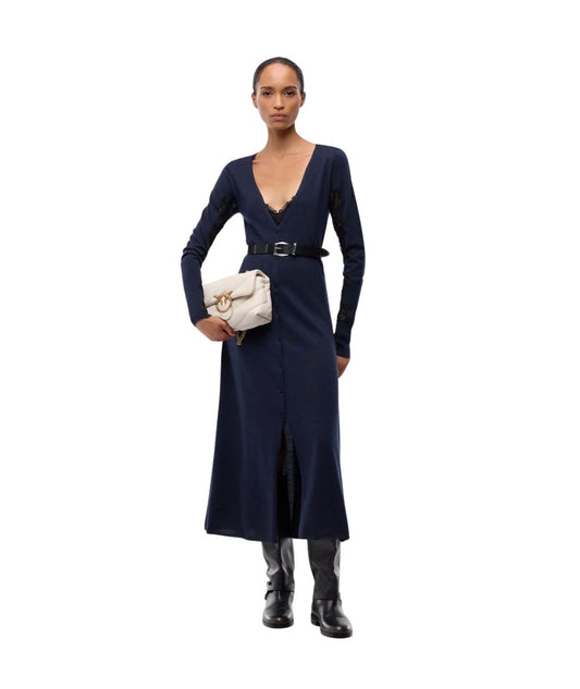 PINKO Abito Midi in Lana con Pizzo Ululato 107772-A3O1 Blu