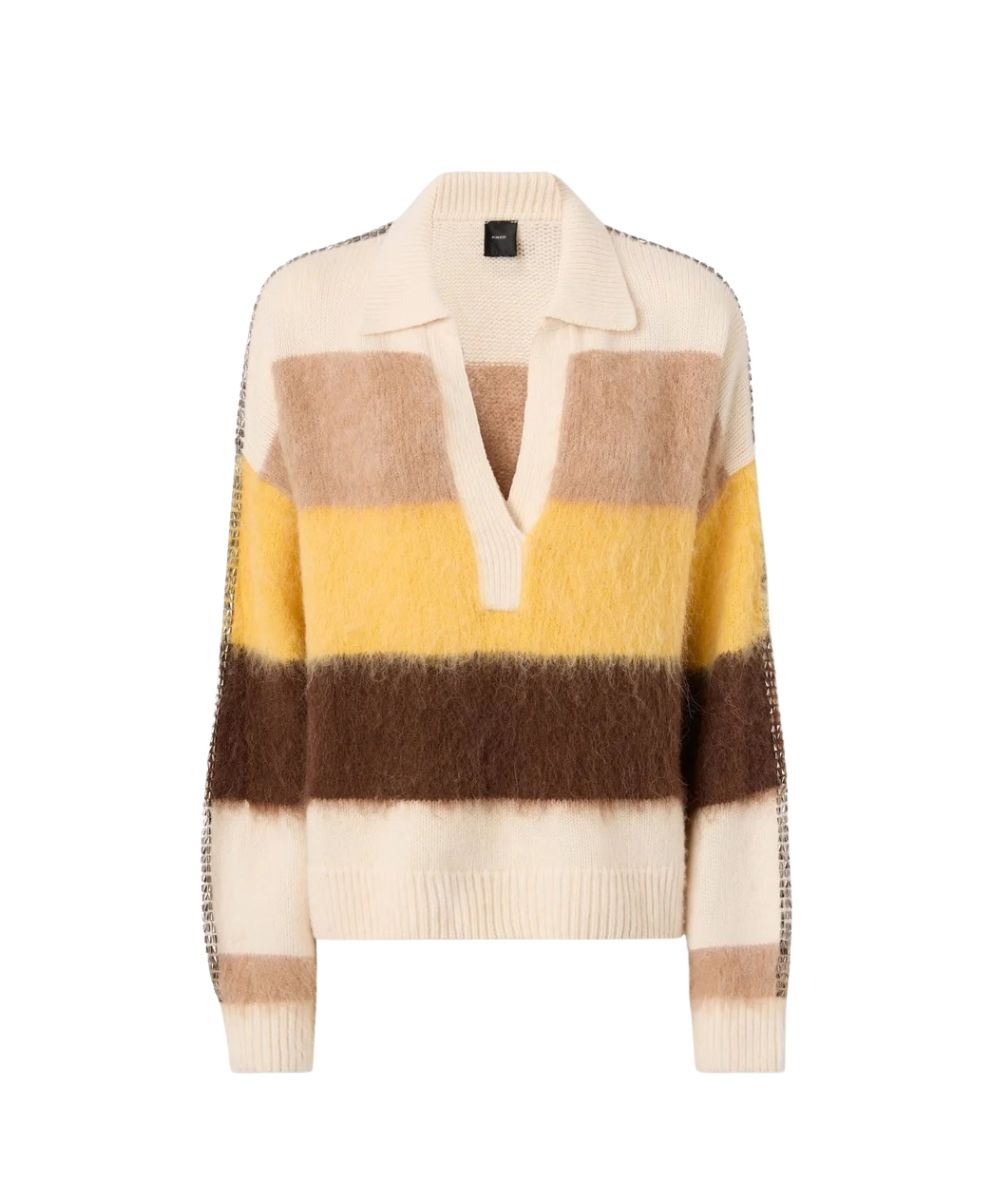PINKO Maglia Polo a Righe Strillo 107860-A3P0 Bianco Marrone Giallo