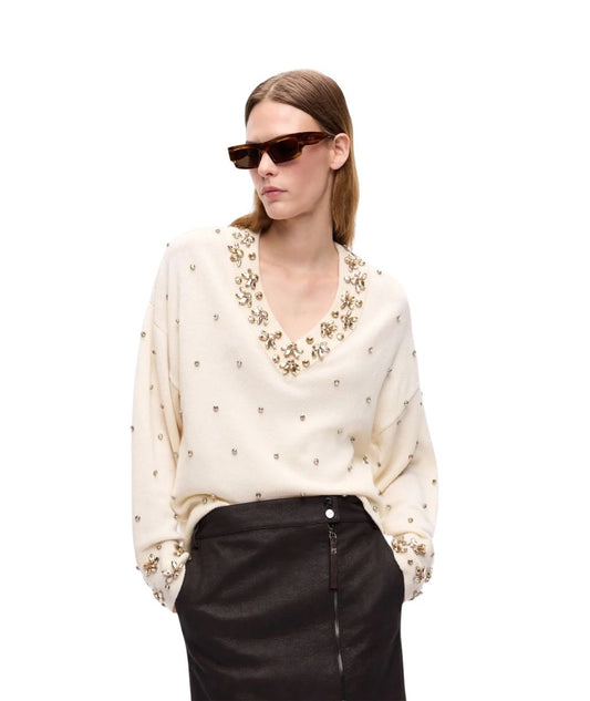PINKO Maglione con Strass All Over Pigolio Pull 107878-A3P5 Bianco