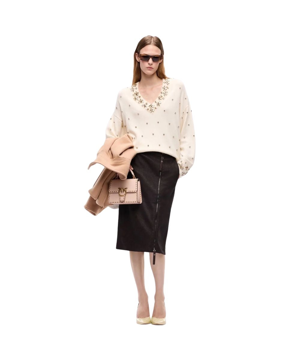 PINKO Maglione con Strass All Over Pigolio Pull 107878-A3P5 Bianco