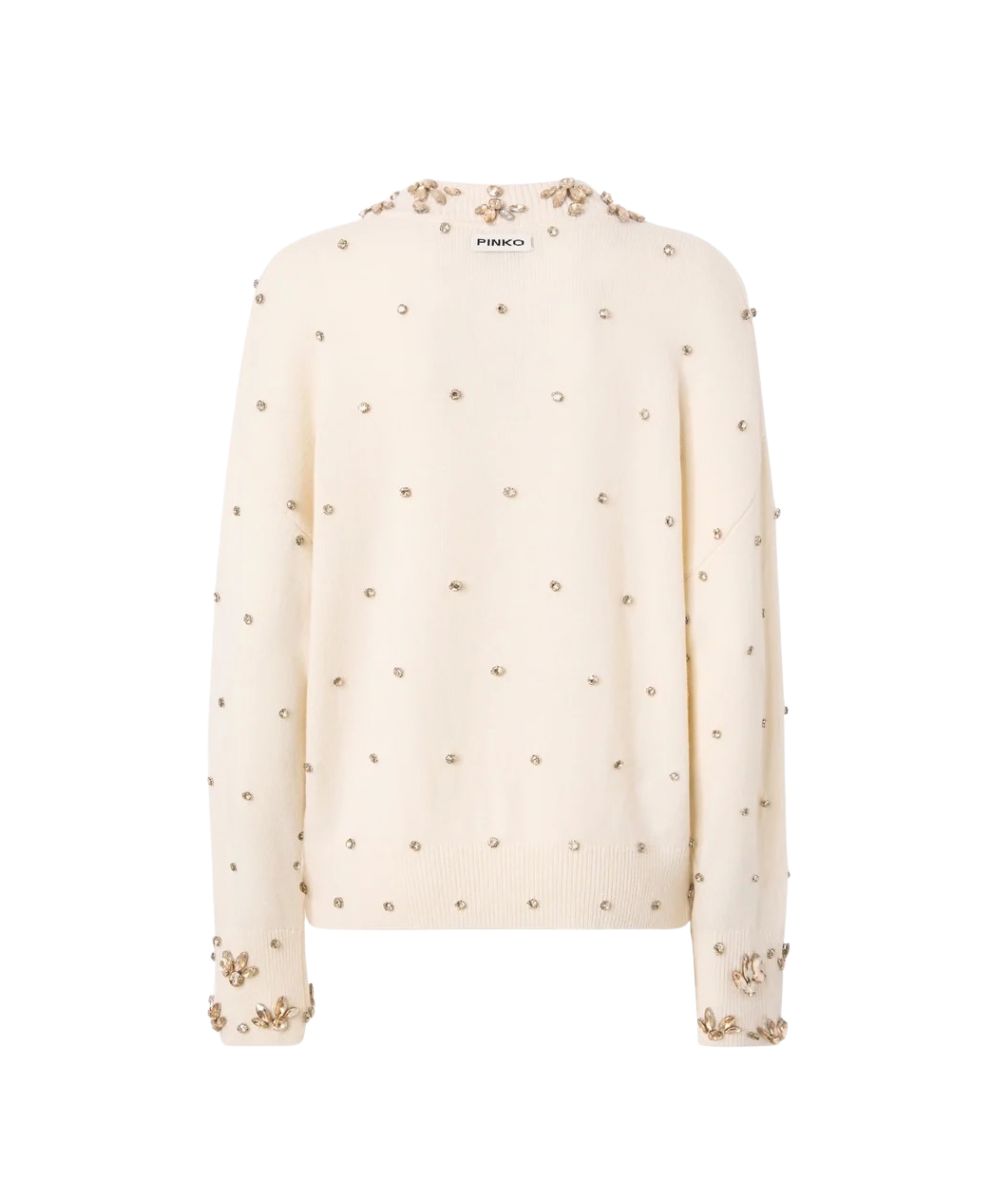 PINKO Maglione con Strass All Over Pigolio Pull 107878-A3P5 Bianco