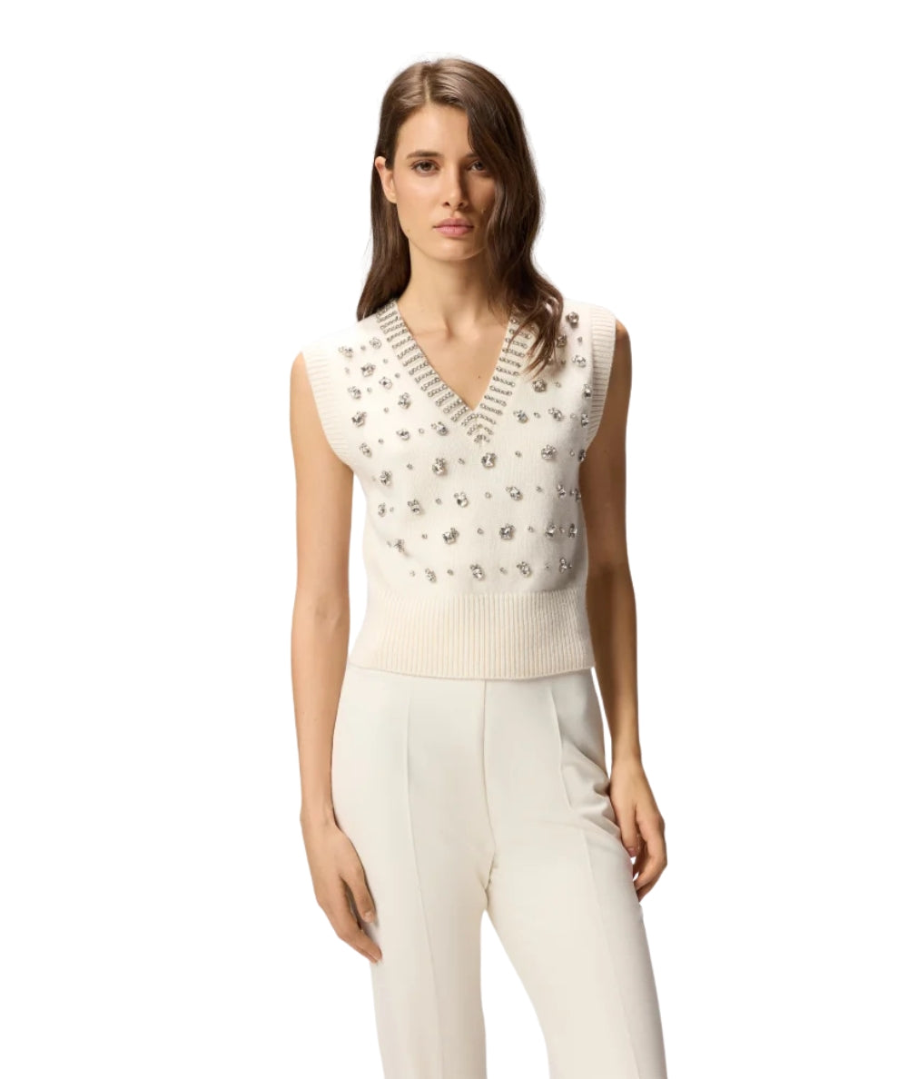 Pinko Gilet in Lana con Strass PONZIANE Bianco