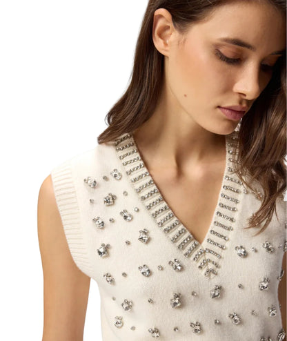Pinko Gilet in Lana con Strass PONZIANE Bianco