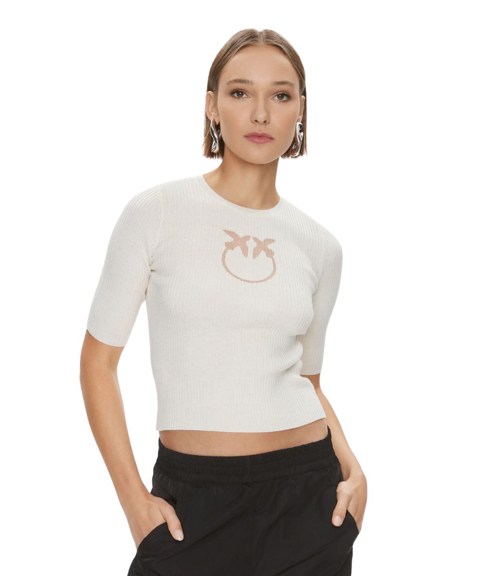 Pinko Maglia in Seta e Cotone a Costine Tritone Bianco