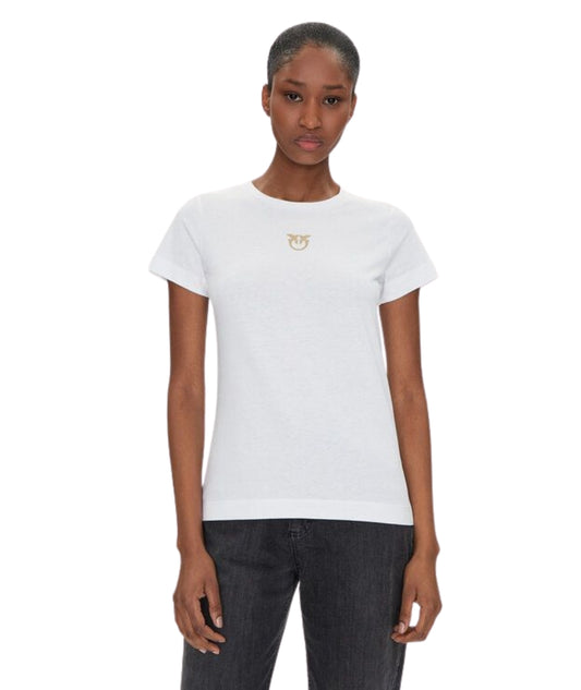 Pinko T-shirt con Logo Dorato Bussolotto 100355 A2OD Bianco 