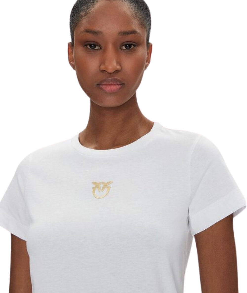 Pinko T-shirt con Logo Dorato Bussolotto 100355 A2OD Bianco 