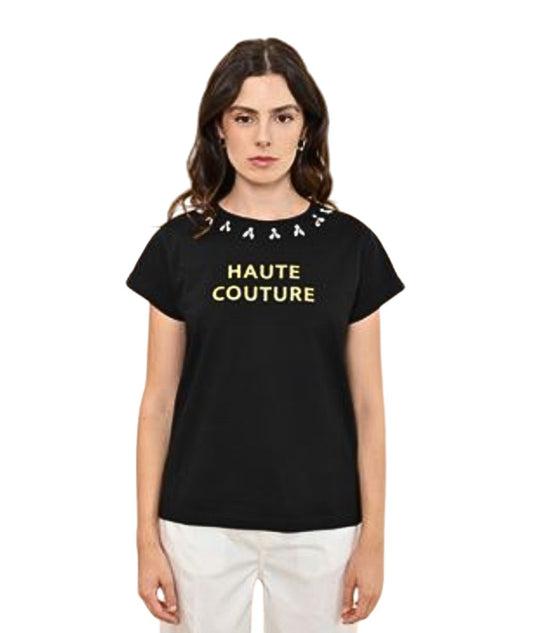 Kaos Jeans T-Shirt in Cotone con Applicazioni Gioiello RPJBR006 Nero