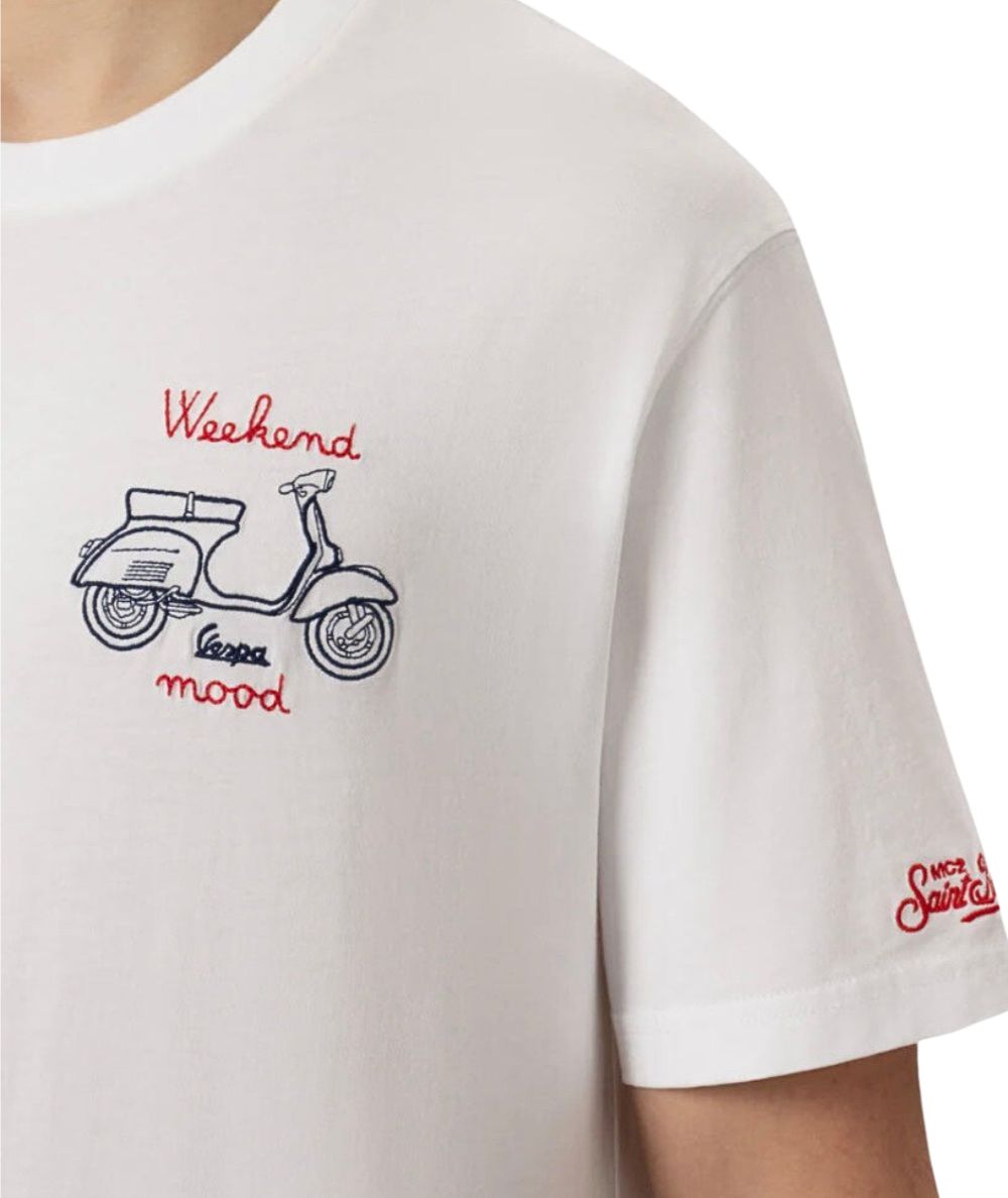 Mc2 Saint Barth Crewneck T-shirt with Vespa Embroidery Weekend T-Shirt Man White