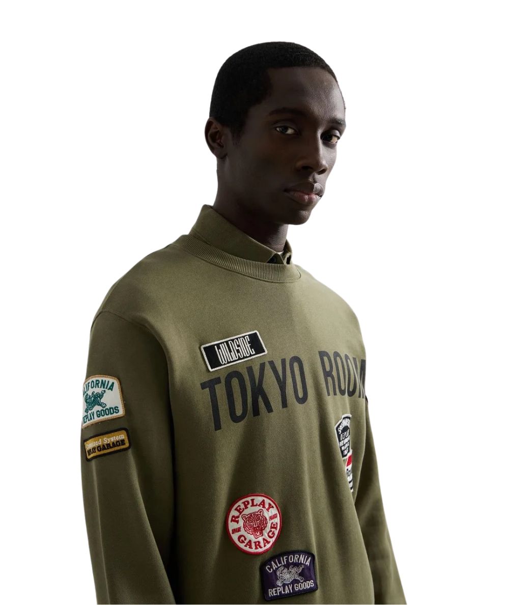 REPLAY Felpa Girocollo con Patch M13LR.001.7242NW Verde Militare