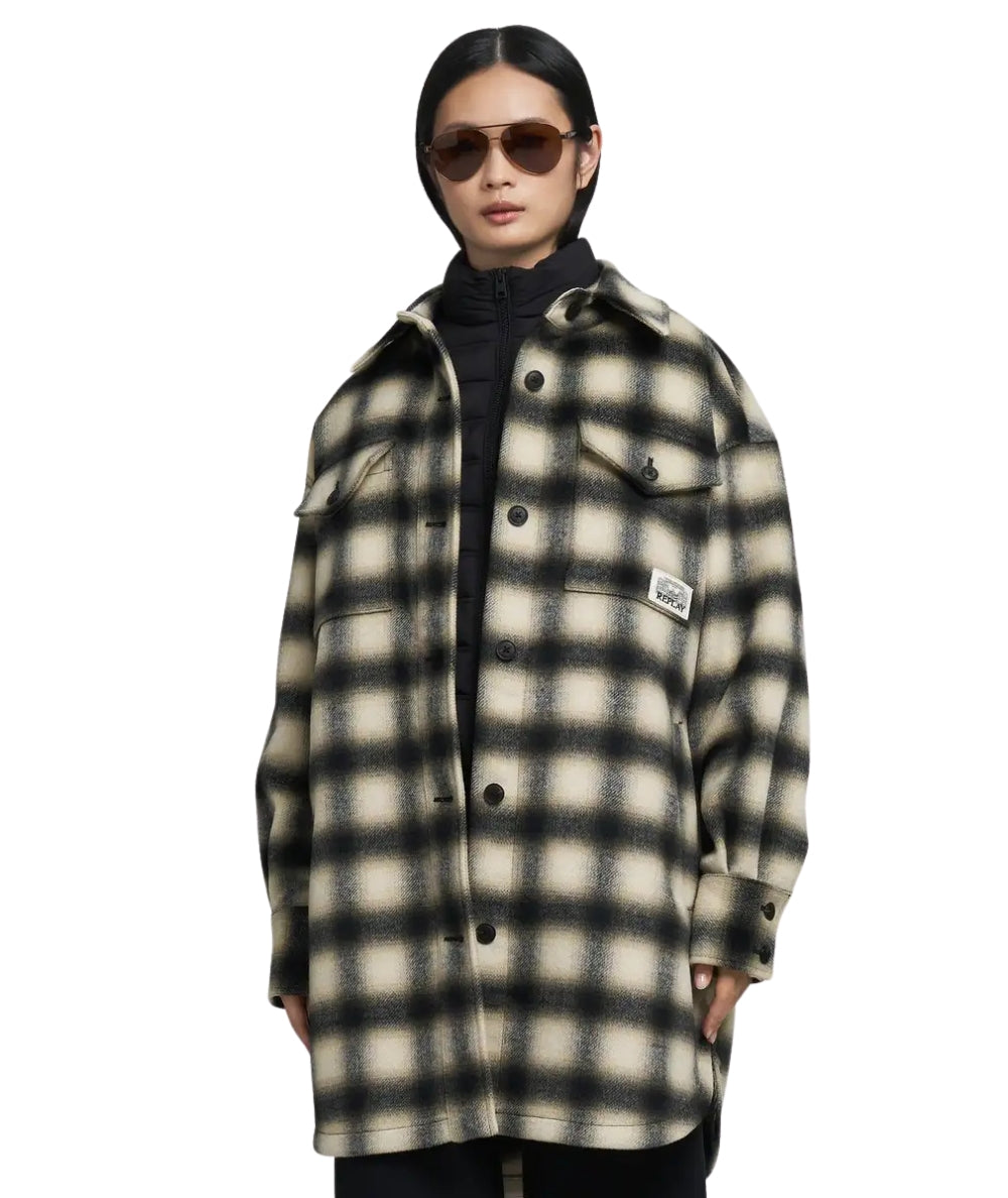 Replay Cappotto Corto Check in Lana W7916.000.52804 Nero Beige Bianco