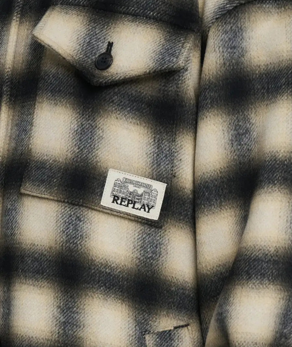 Replay Cappotto Corto Check in Lana W7916.000.52804 Nero Beige Bianco
