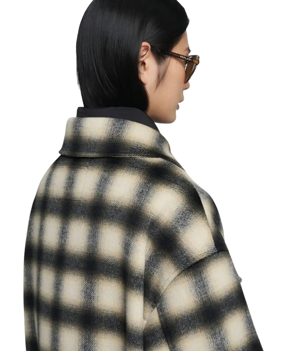 Replay Cappotto Corto Check in Lana W7916.000.52804 Nero Beige Bianco