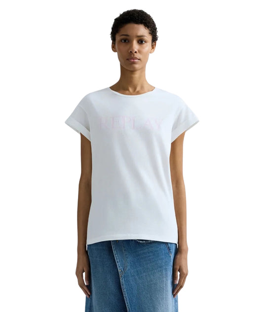 Replay T-shirt in Cotone con Girocollo e Logo W3473B.000.2660 Bianco