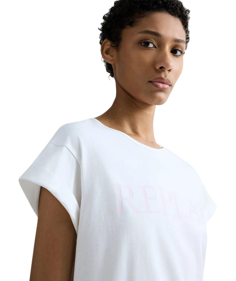 Replay T-shirt in Cotone con Girocollo e Logo W3473B.000.2660 Bianco
