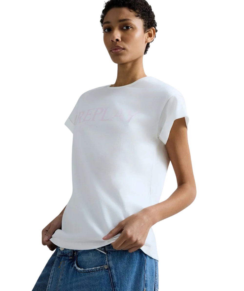 Replay T-shirt in Cotone con Girocollo e Logo W3473B.000.2660 Bianco