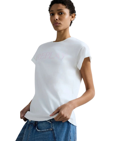 Replay T-shirt in Cotone con Girocollo e Logo W3473B.000.2660 Bianco