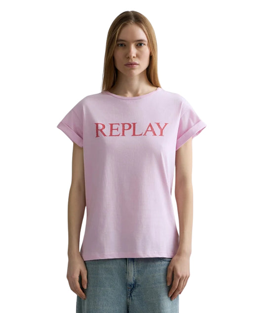 Replay T-shirt in Cotone con Girocollo e Logo W3473B.000.2660 Rosa