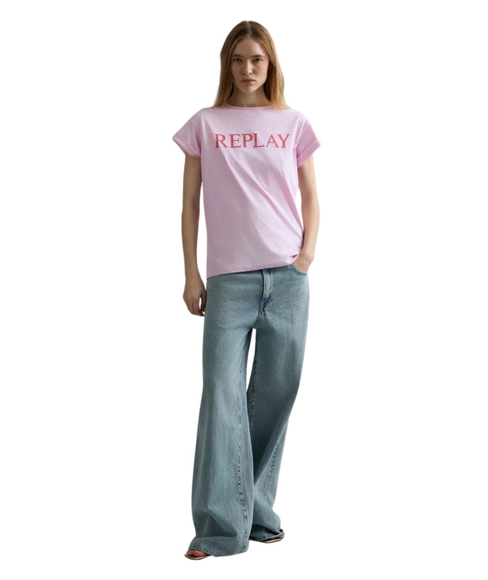 Replay T-shirt in Cotone con Girocollo e Logo W3473B.000.2660 Rosa