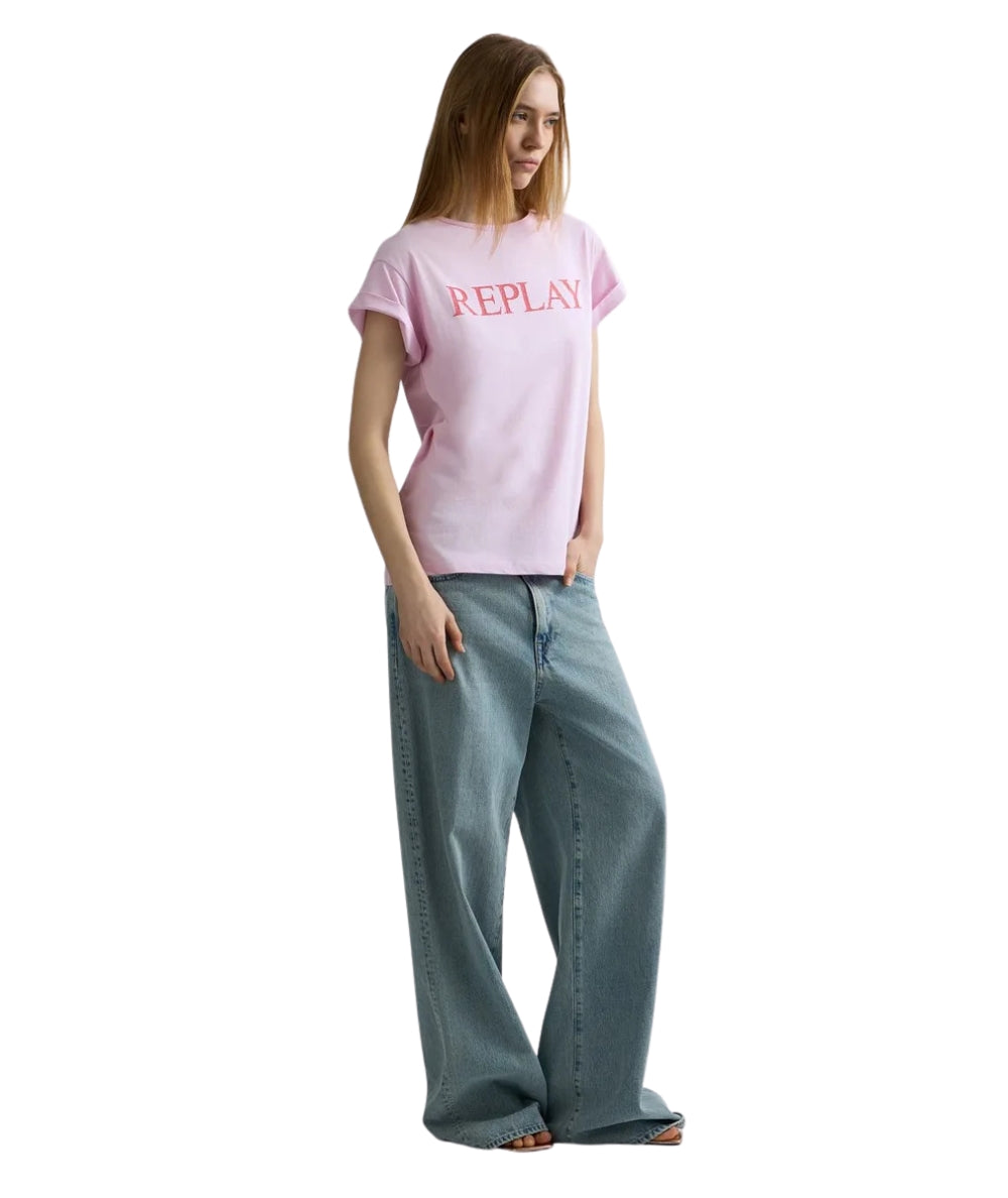 Replay T-shirt in Cotone con Girocollo e Logo W3473B.000.2660 Rosa