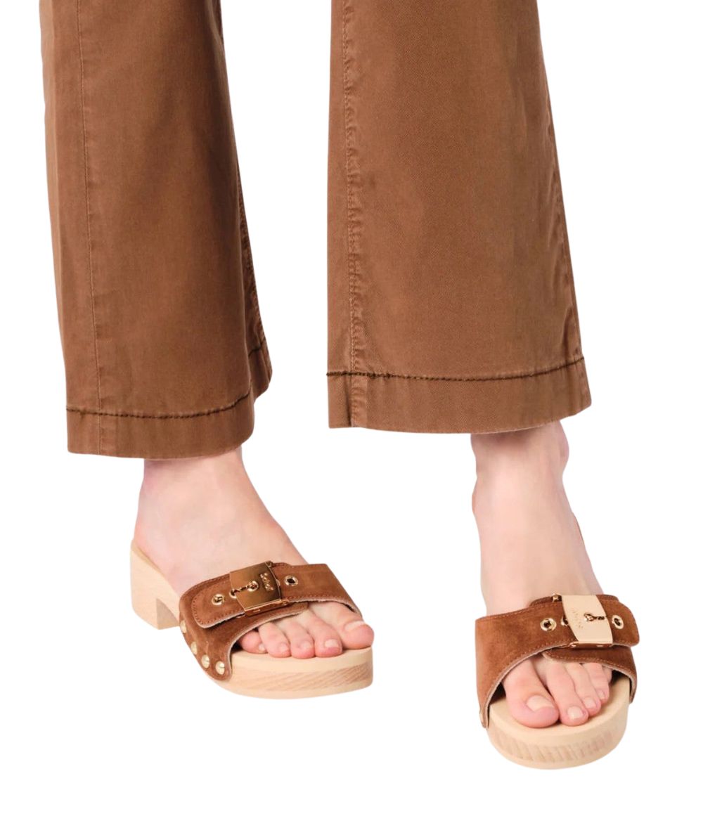 SCHOLL ZOCCOLI IN LEGNO E PELLE SCAMOSCIATA PESCURA JANE F314401175 COGNAC