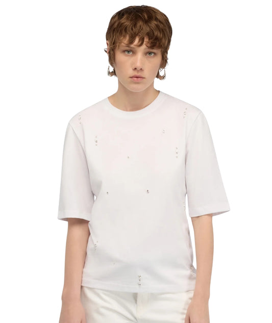 Semicouture T-shirt in Cotone con Strass Cristina Y6SJ05 Bianco