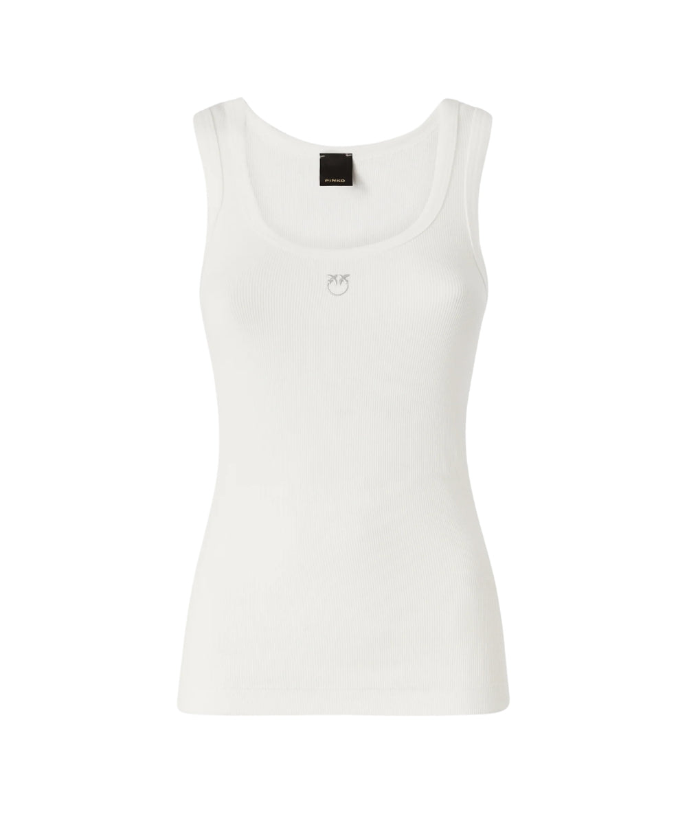 Pinko Canotta a Costine con Logo Dorato Calcolatore 100807 A338 Bianco