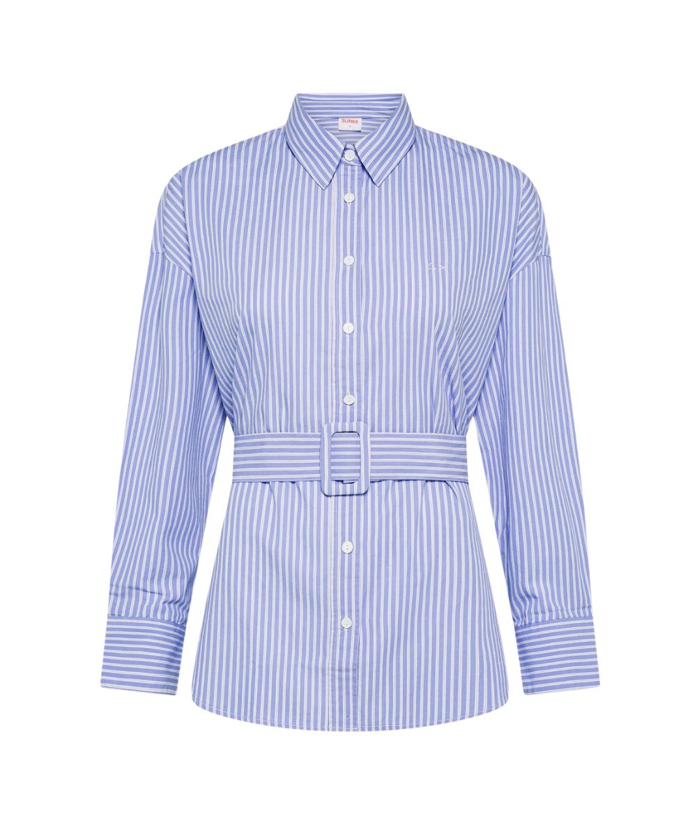 Sun68 Camicia A Righe in Cotone con Cintura S36208 Bianco Azzurro