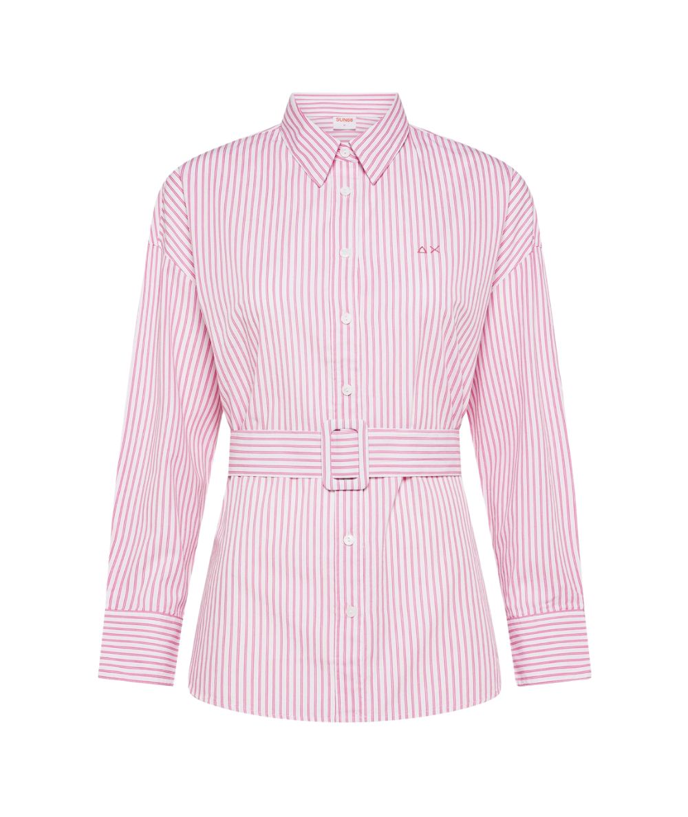 Sun68 Camicia A Righe in Cotone con Cintura S36208 Bianco Rosa