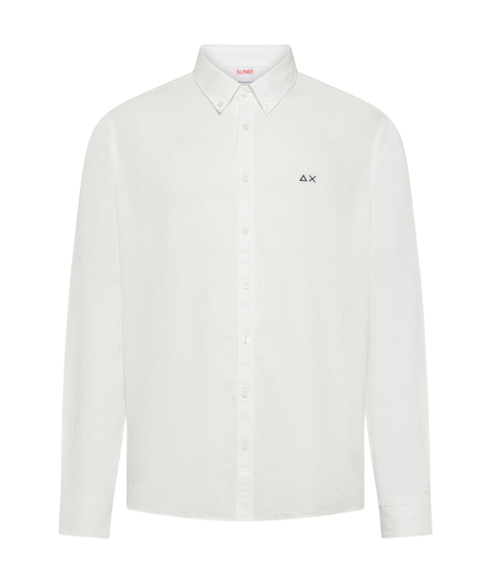 Sun68 Camicia a Maniche Lunghe in Misto Lino e Cotone S36106 Bianco