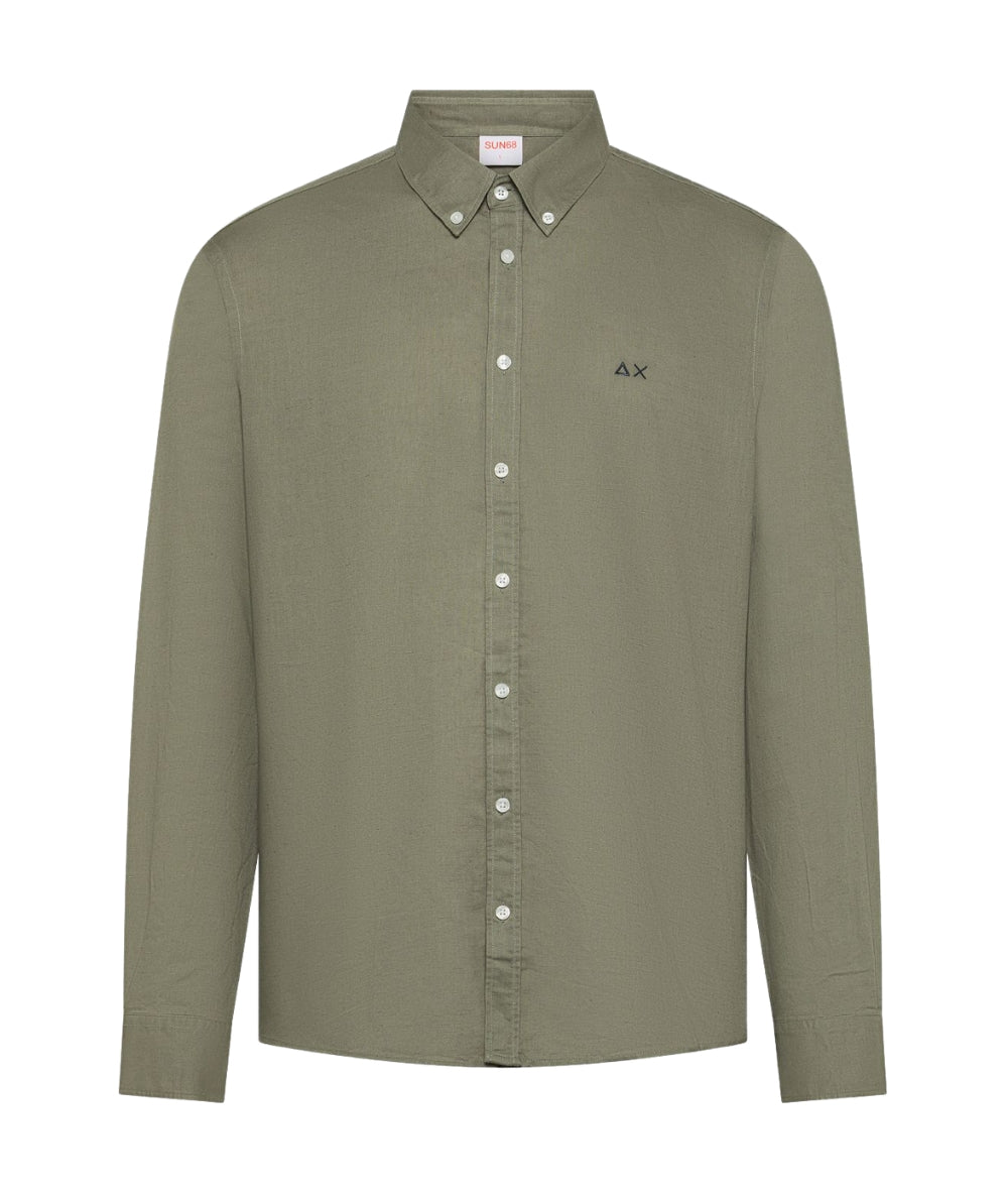 Sun68 Camicia a Maniche Lunghe in Misto Lino e Cotone S36106 Verde