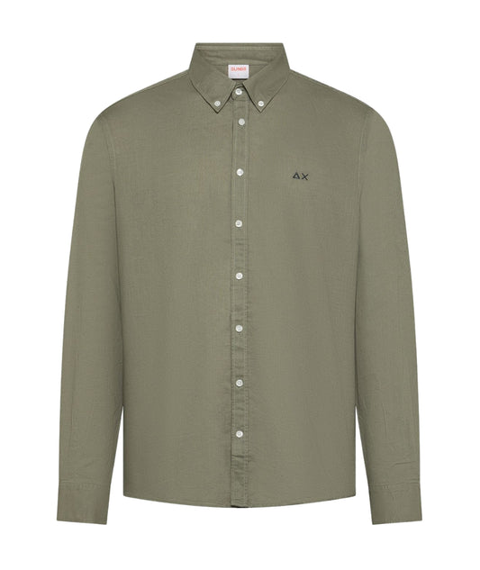 Sun68 Camicia a Maniche Lunghe in Misto Lino e Cotone S36106 Verde