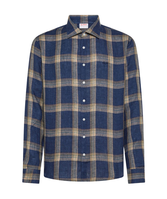 Sun68 Camicia in Lino con Fantasia Check S36113 Blu e Beige