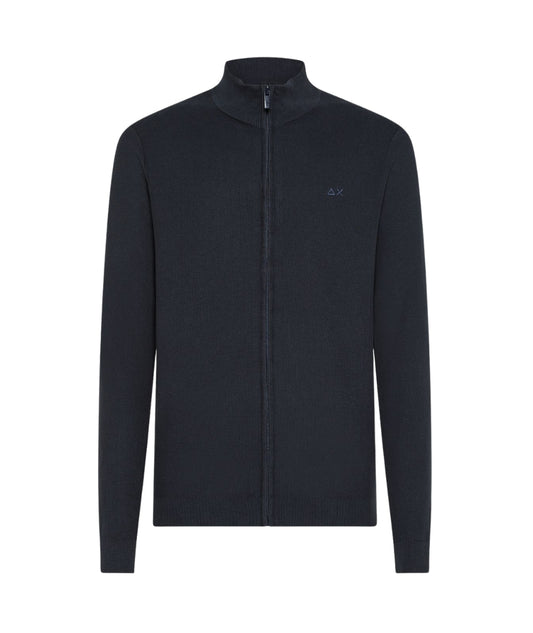 Sun68 Cardigan a Collo Alto con Zip in Cotone Vintage Washed K36121 Blu