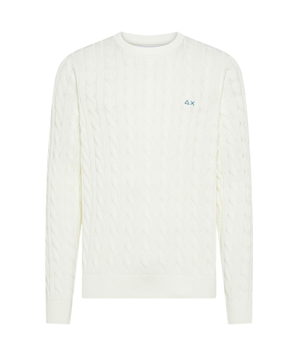 Sun68 Maglia a Trecce con Girocollo in Cotone K36115 Bianco Panna