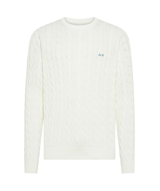 Sun68 Maglia a Trecce con Girocollo in Cotone K36115 Bianco Panna