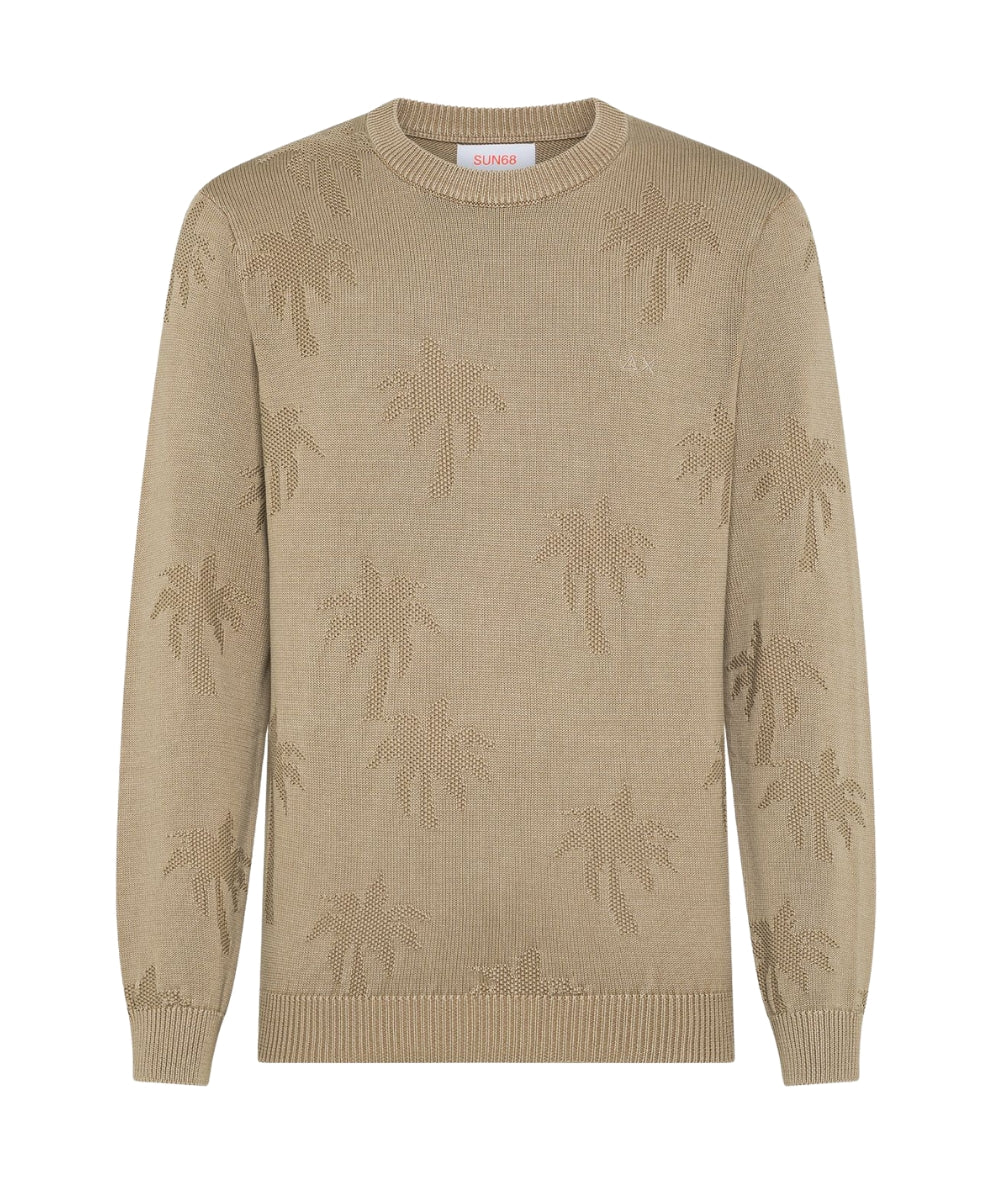 Sun68 Maglia in Cotone Jacquard con Motivo Palme K36133 Beige Stone