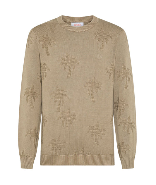 Sun68 Maglia in Cotone Jacquard con Motivo Palme K36133 Beige Stone