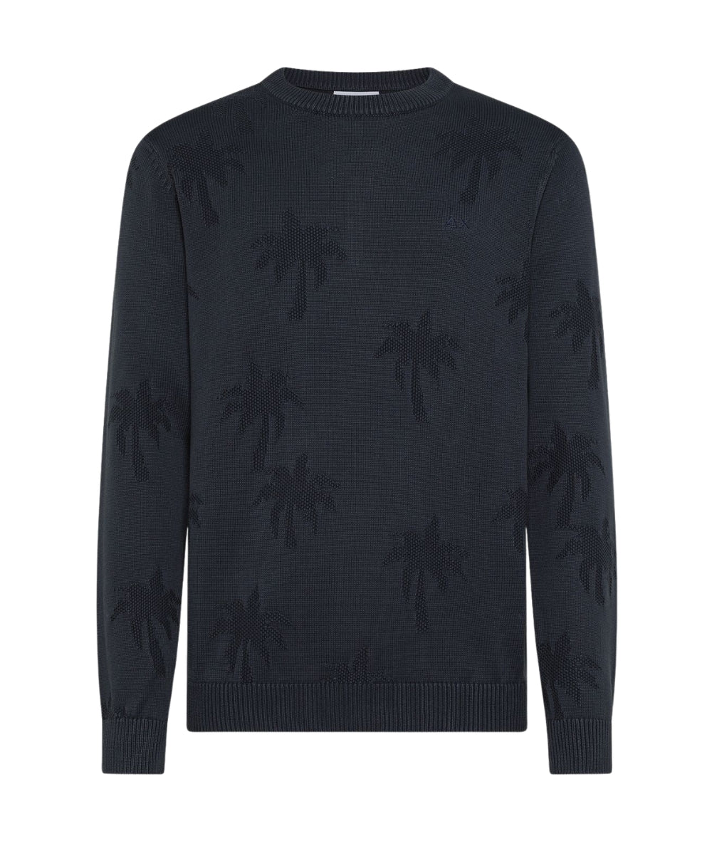 Sun68 Maglia in Cotone Jacquard con Motivo Palme K36133 Blu Navy