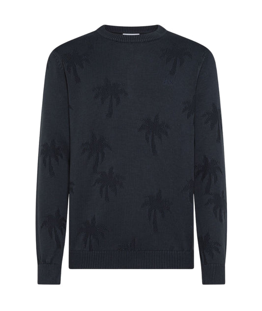 Sun68 Maglia in Cotone Jacquard con Motivo Palme K36133 Blu Navy