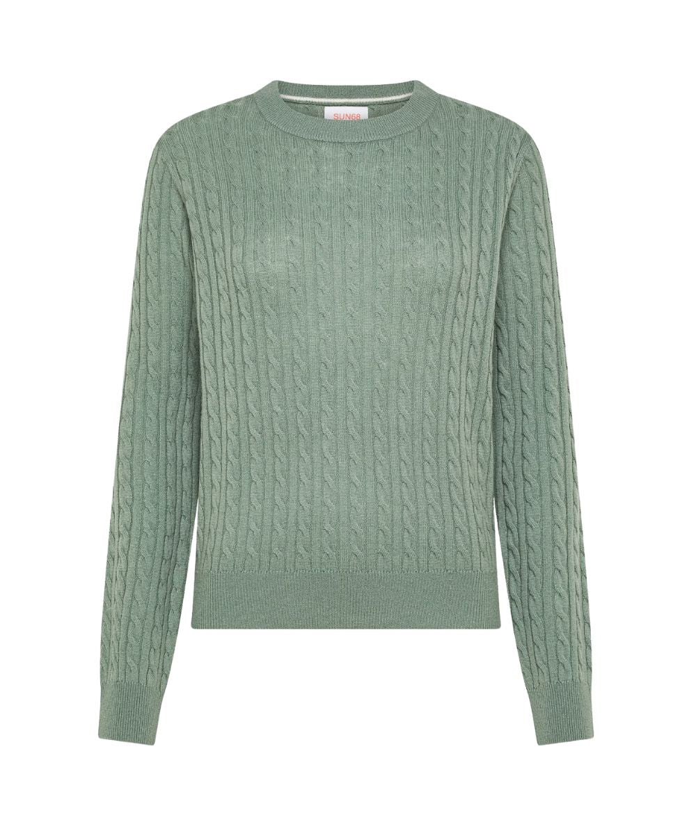 Sun68 Maglione in Lana e Cashmere a Trecce K46241 Verde Salvia