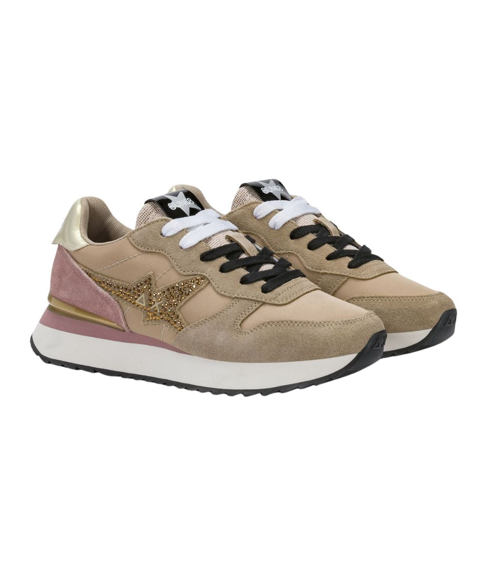 Sun68 Sneakers in Suede e Nylon Stargirl Strass Logo Z46223 Beige
