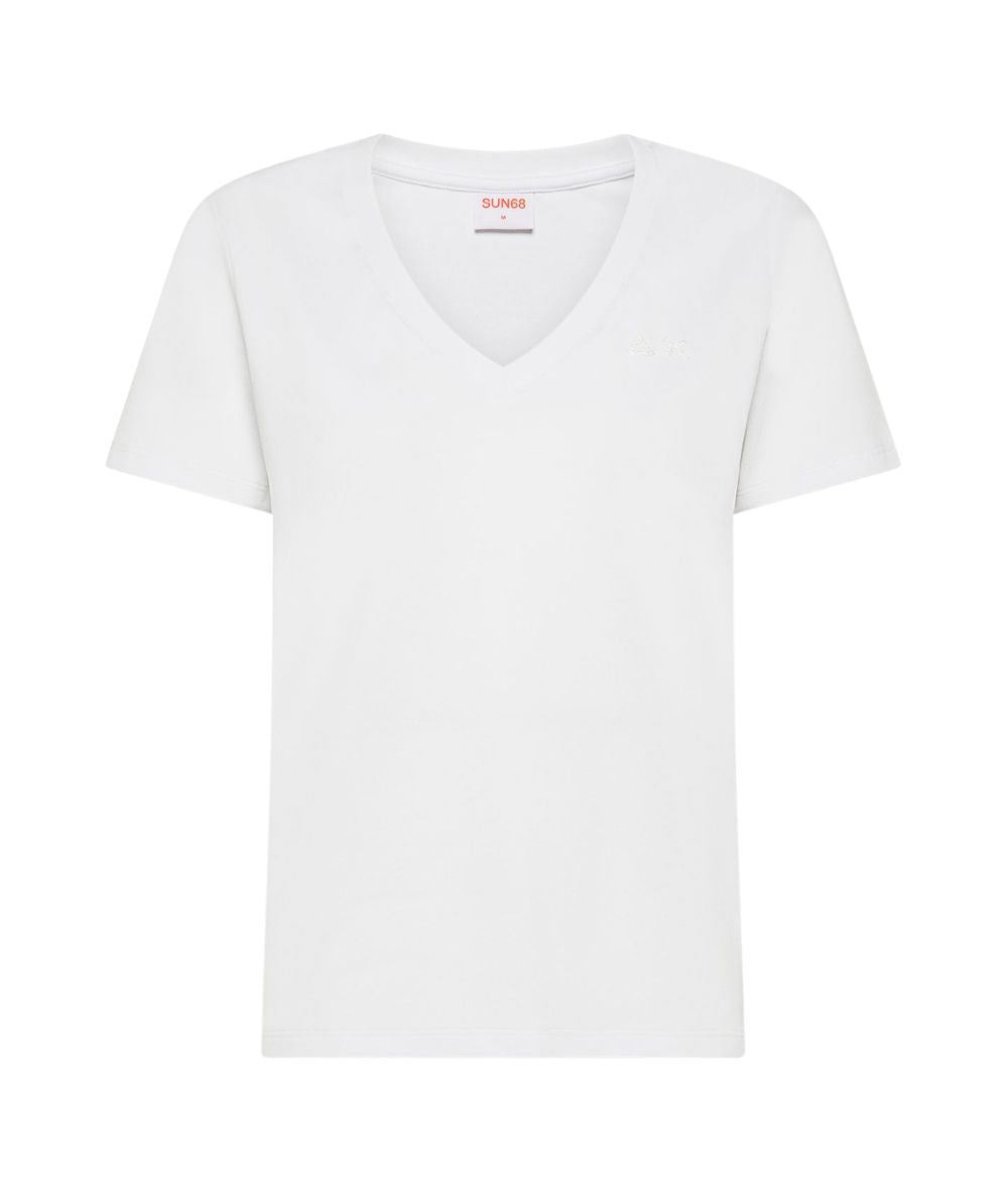 Sun68 T-shirt in Cotone Piquet con Scollo a V T36234 Bianco