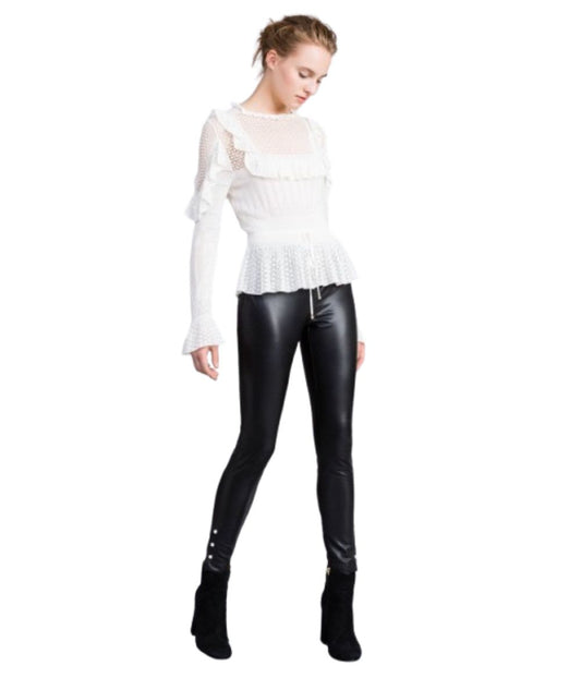 TWINSET LEGGINGS IN ECOPELLE CON PERLE TA8393 NERO