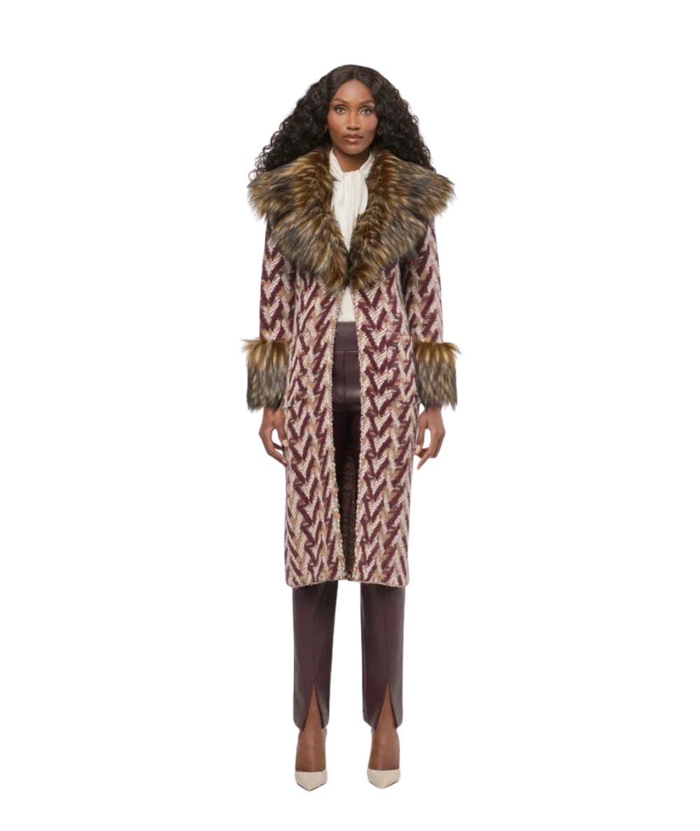 The Extreme Collection Cappotto Lungo Jacquard con Eco Pelliccia Flavia 2715 Rosso 