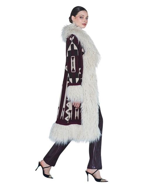 The Extreme Collection Cappotto Lungo Jacquard con Ecopelliccia 2520 Multicolore