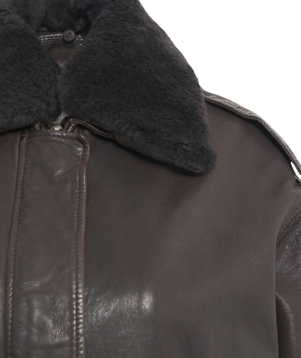 The Jackie Leather Bomber in Pelle con Collo Pelliccia Betz Marrone